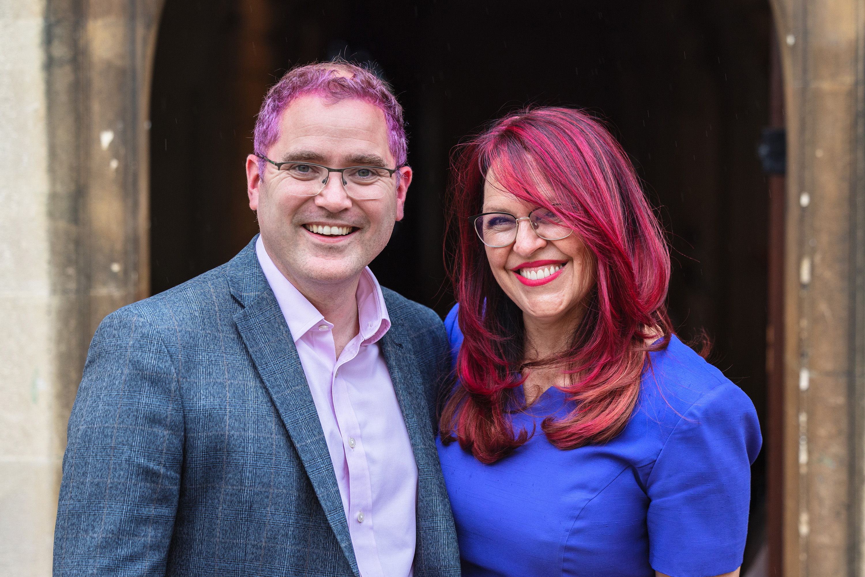 Dr David Gamblin and Ms Charlotte Woodhead with their hair dyed pink