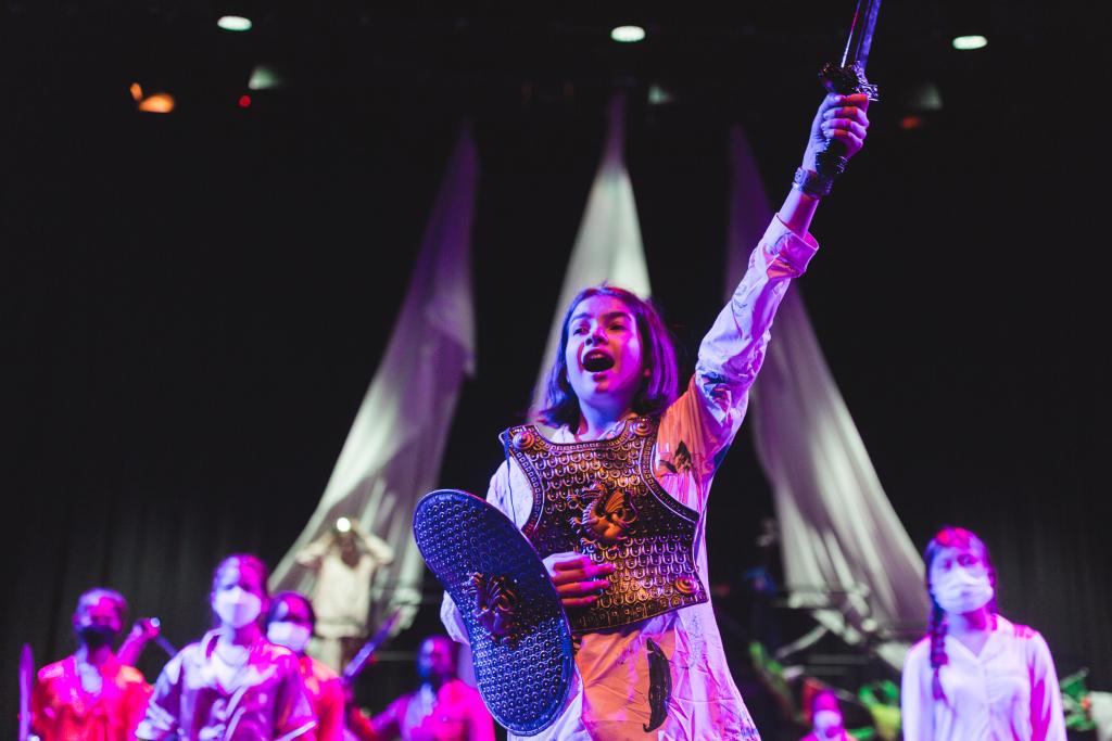 A pupil, holding a sword and shield, performs in the Lower College (Years 7-9) show 'Toybox Tales'